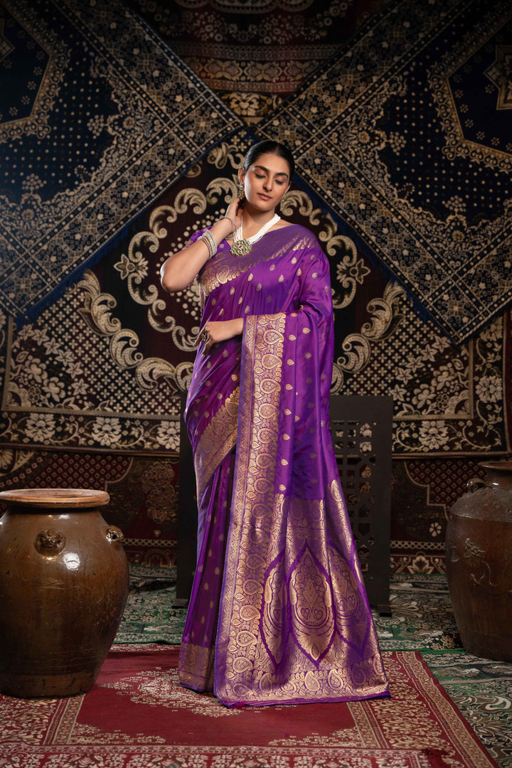 Violet Color Banarasi Silk Saree With Zari Woven Design
