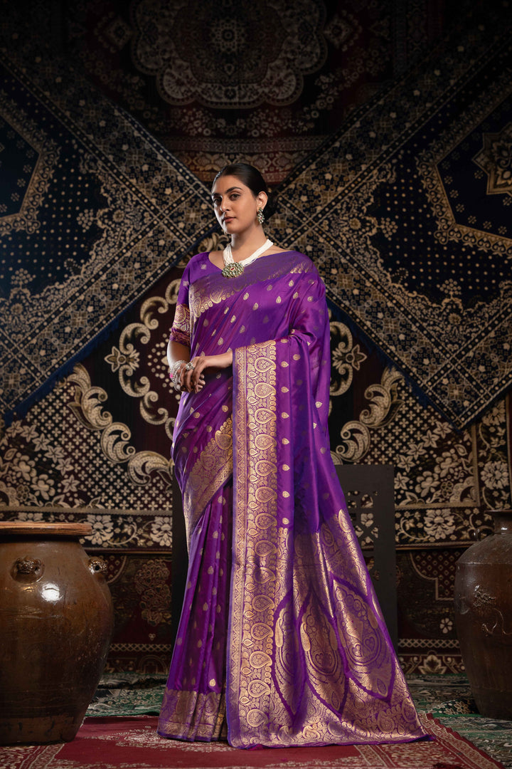 Violet Color Banarasi Silk Saree With Zari Woven Design