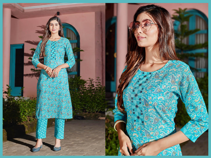 Sky Blue Color Cotton Blend Digital Print Kurti with Pant