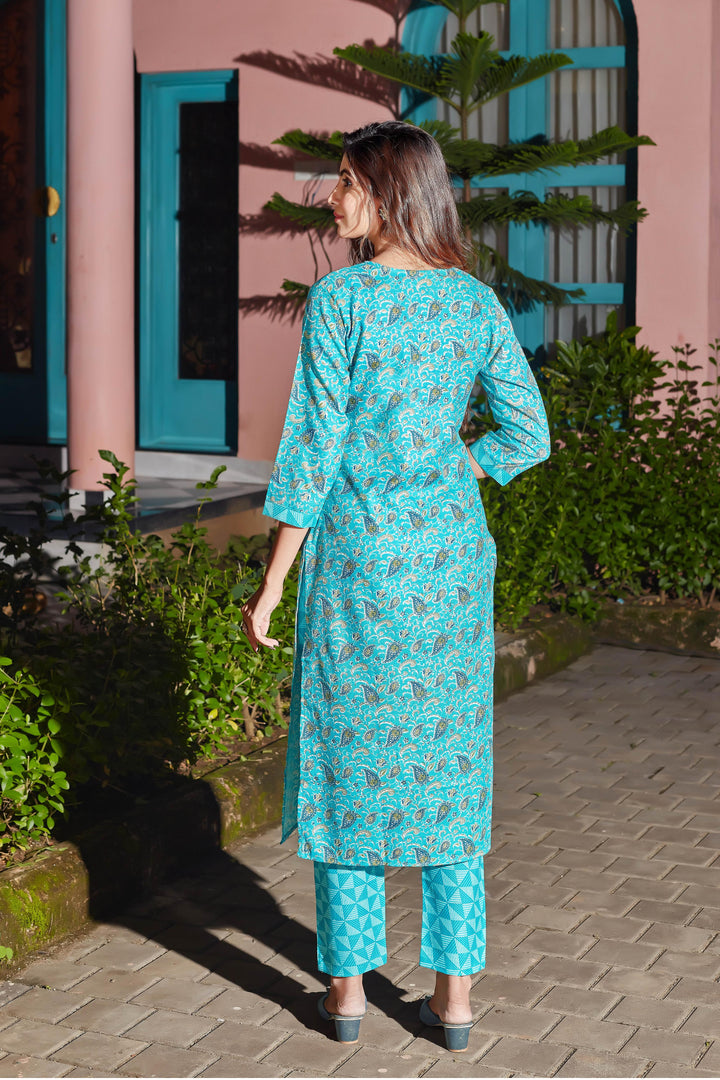 Sky Blue Color Cotton Blend Digital Print Kurti with Pant