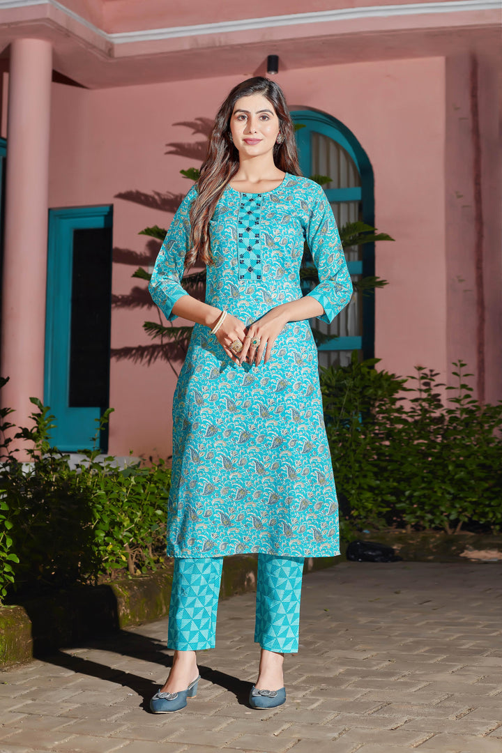 Sky Blue Color Cotton Blend Digital Print Kurti with Pant