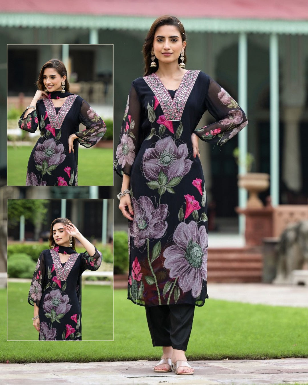 Black Color Georgette Embroidery Kurta with Pant And Dupatta Sets