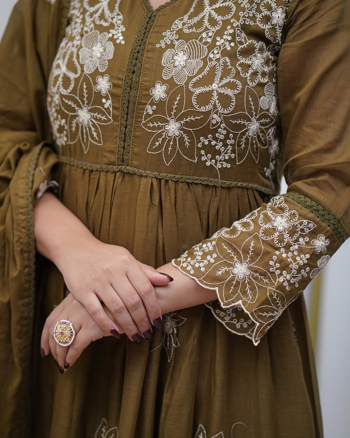 Green Color Cotton Silk Embroidery Gown with Pant Dupatta Sets