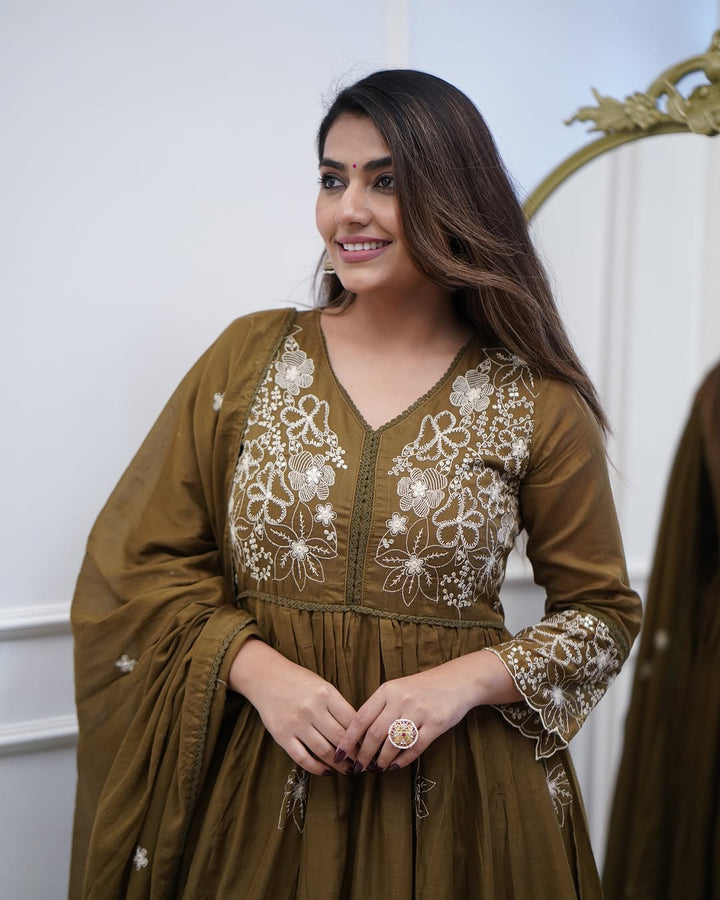 Green Color Cotton Silk Embroidery Gown with Pant Dupatta Sets