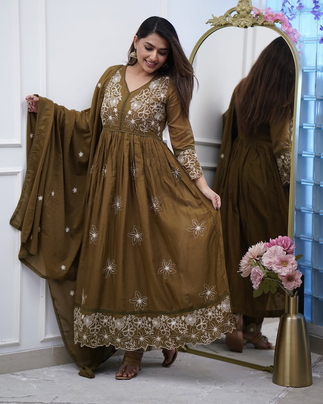 Green Color Cotton Silk Embroidery Gown with Pant Dupatta Sets