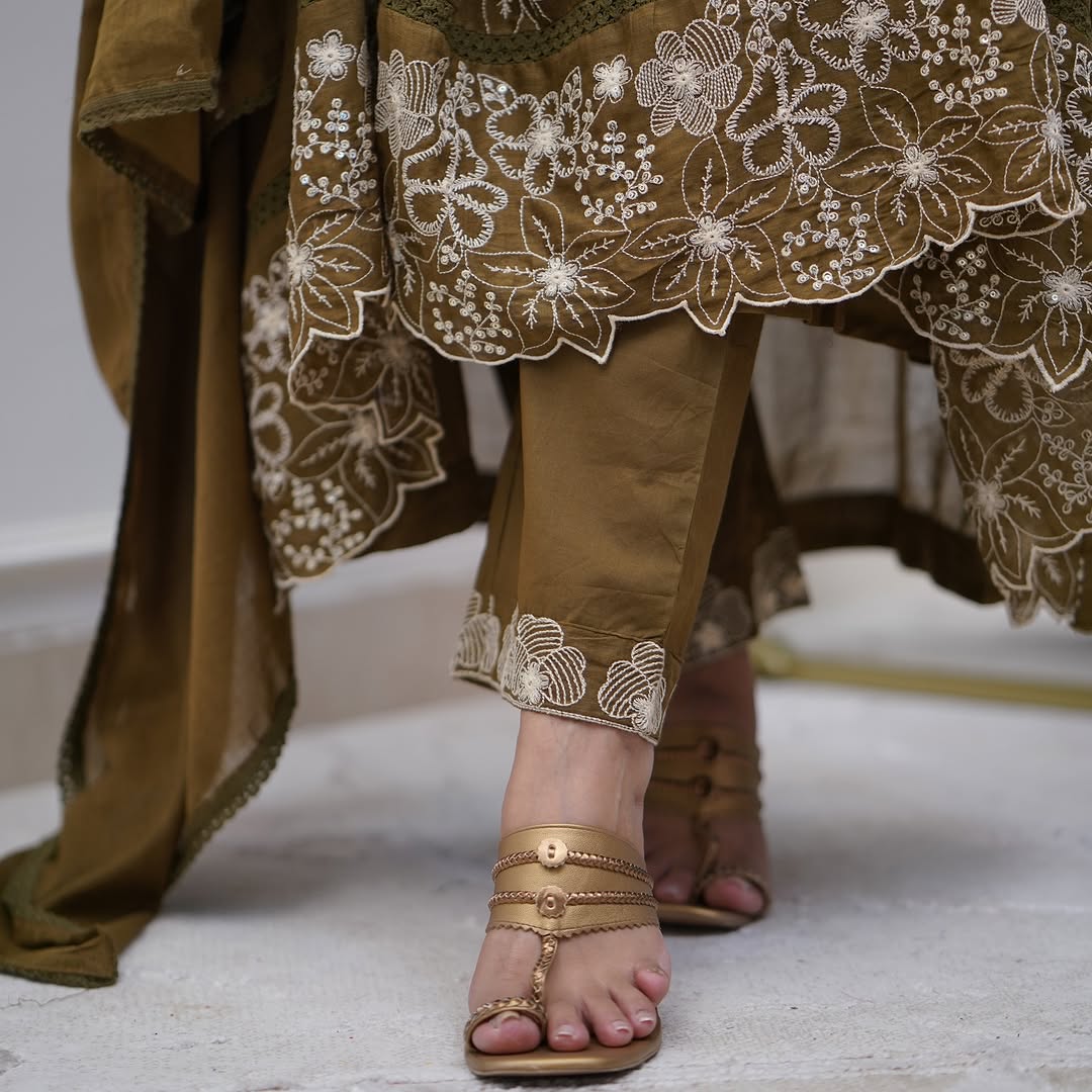 Green Color Cotton Silk Embroidery Gown with Pant Dupatta Sets