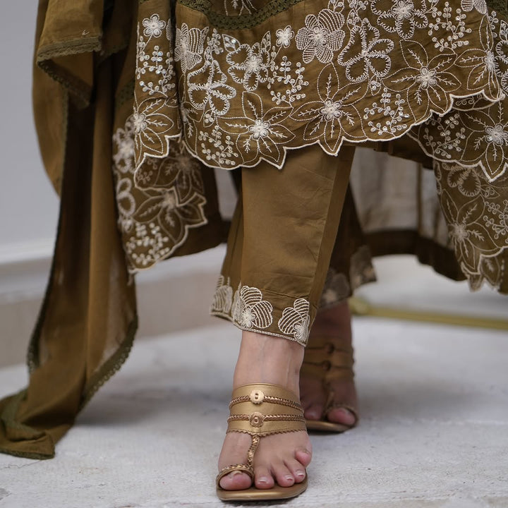 Green Color Cotton Silk Embroidery Gown with Pant Dupatta Sets