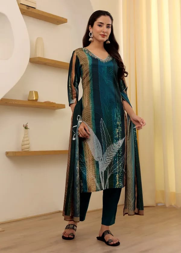 Multi Color Soft Rayon Slub Embroidery Kurti with Pant And Dupatta Sets