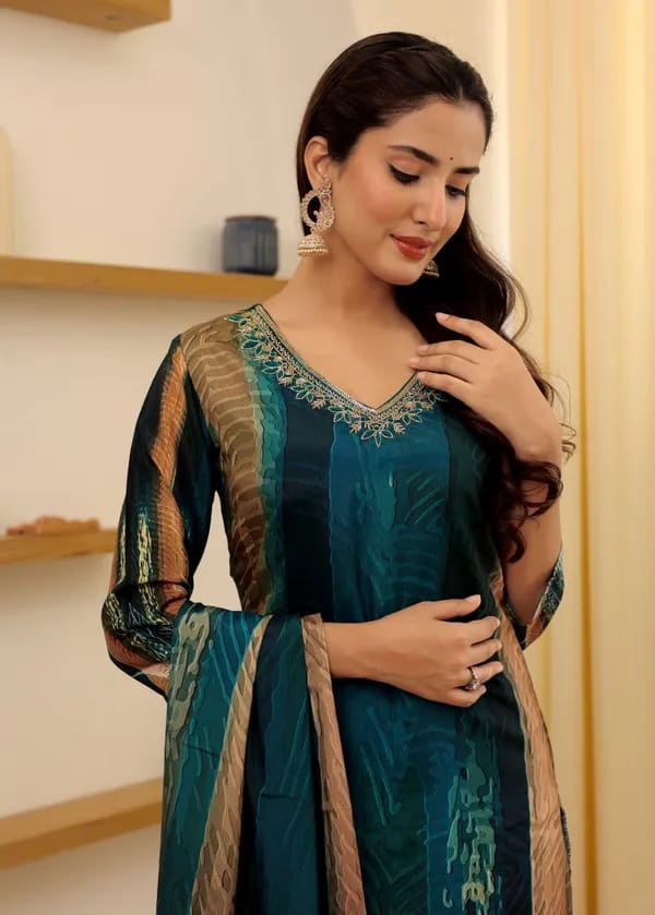 Multi Color Soft Rayon Slub Embroidery Kurti with Pant And Dupatta Sets
