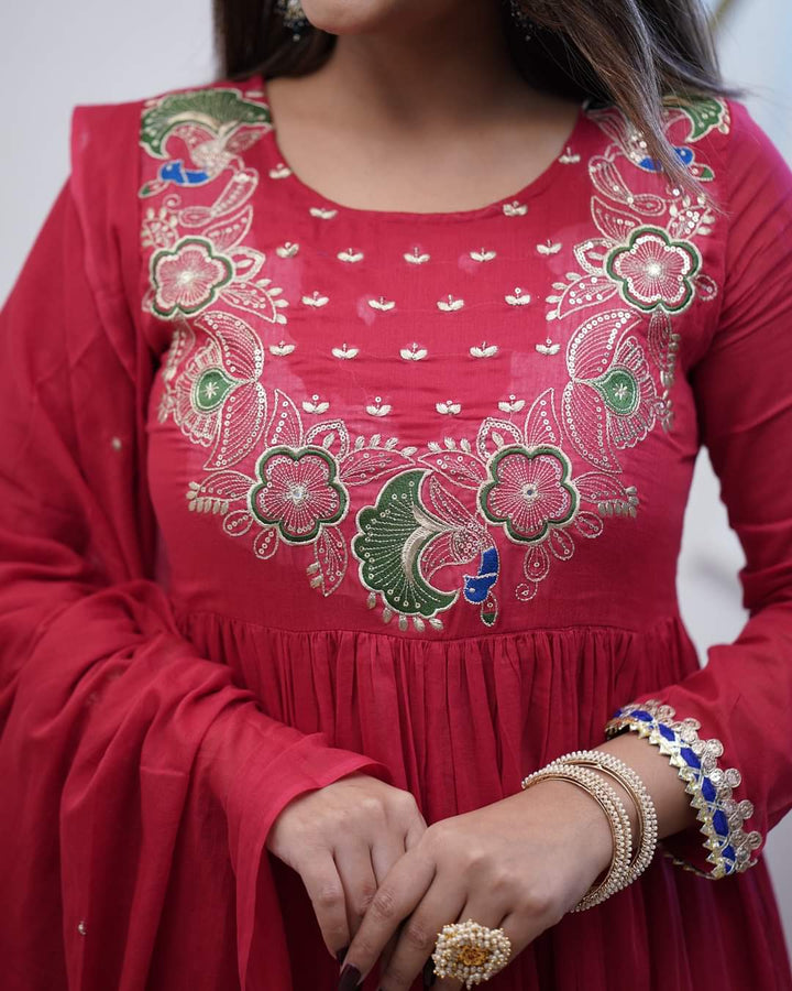 Red Color BSY Chinon Embroidery Kurti with Pant And Dupatta Sets