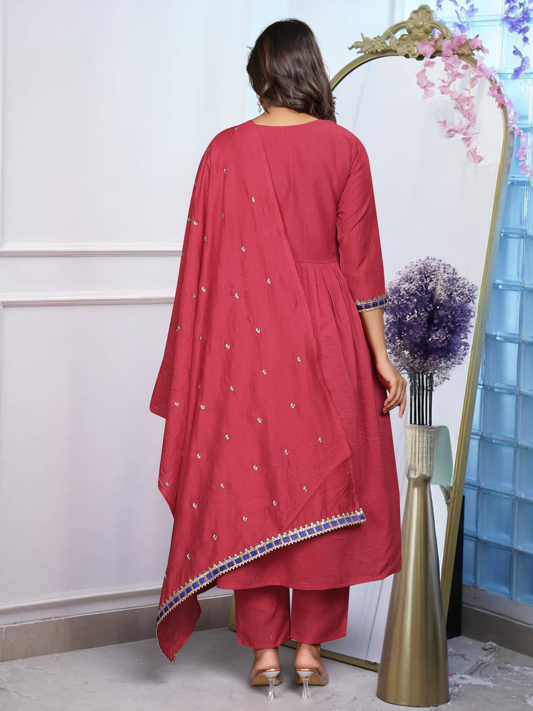 Red Color BSY Chinon Embroidery Kurti with Pant And Dupatta Sets