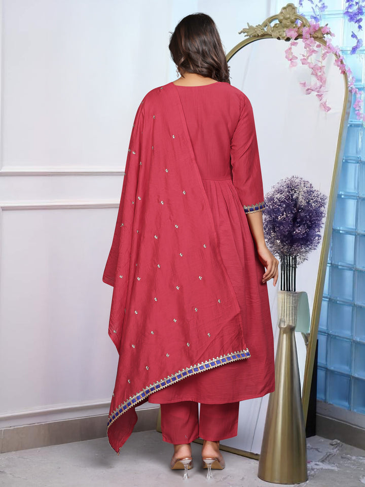 Red Color BSY Chinon Embroidery Kurti with Pant And Dupatta Sets