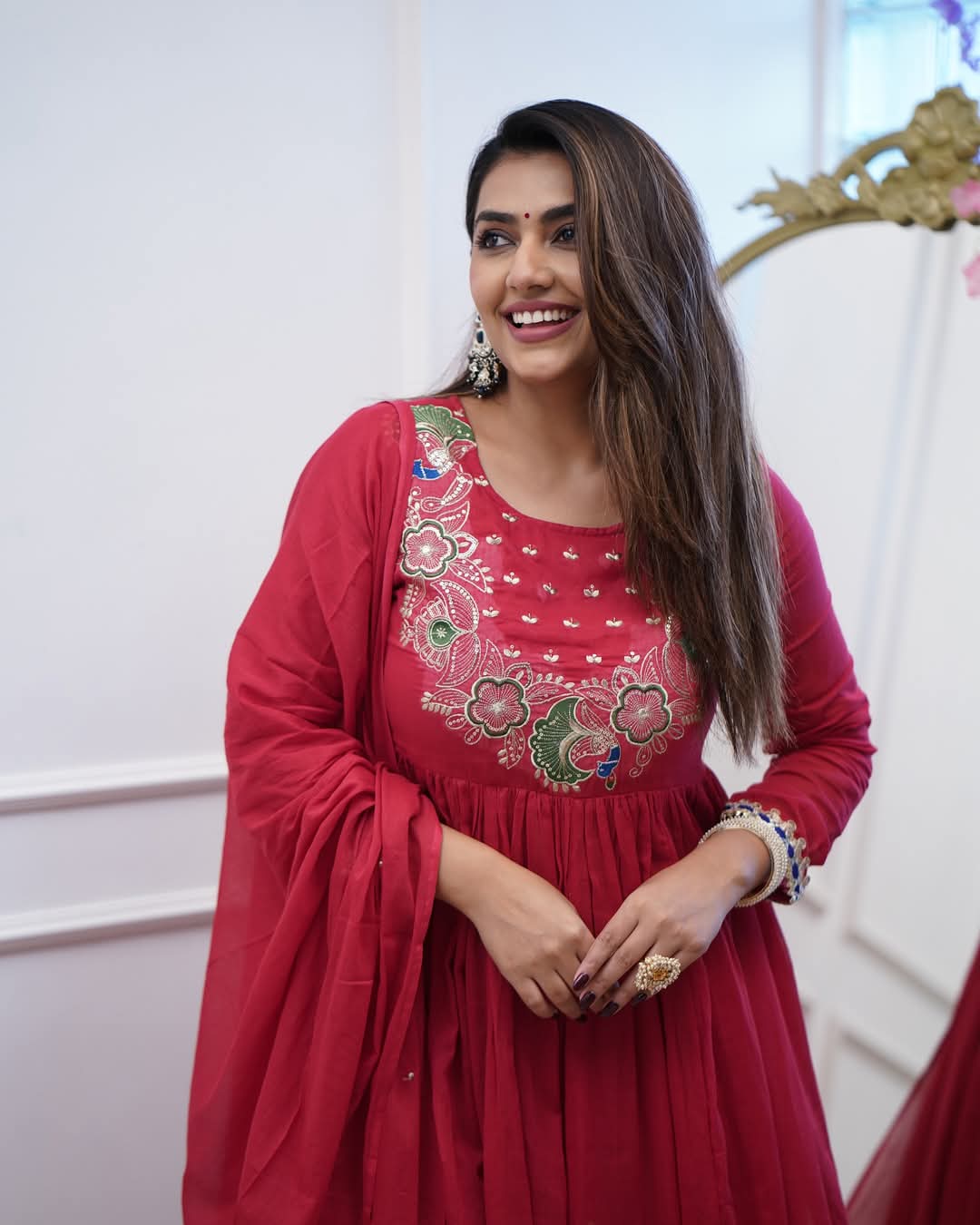Red Color BSY Chinon Embroidery Kurti with Pant And Dupatta Sets