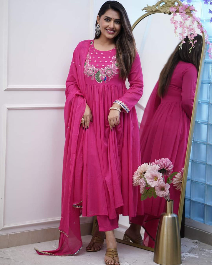 Pink Color BSY Chinon Embroidery Kurti with Pant And Dupatta Sets