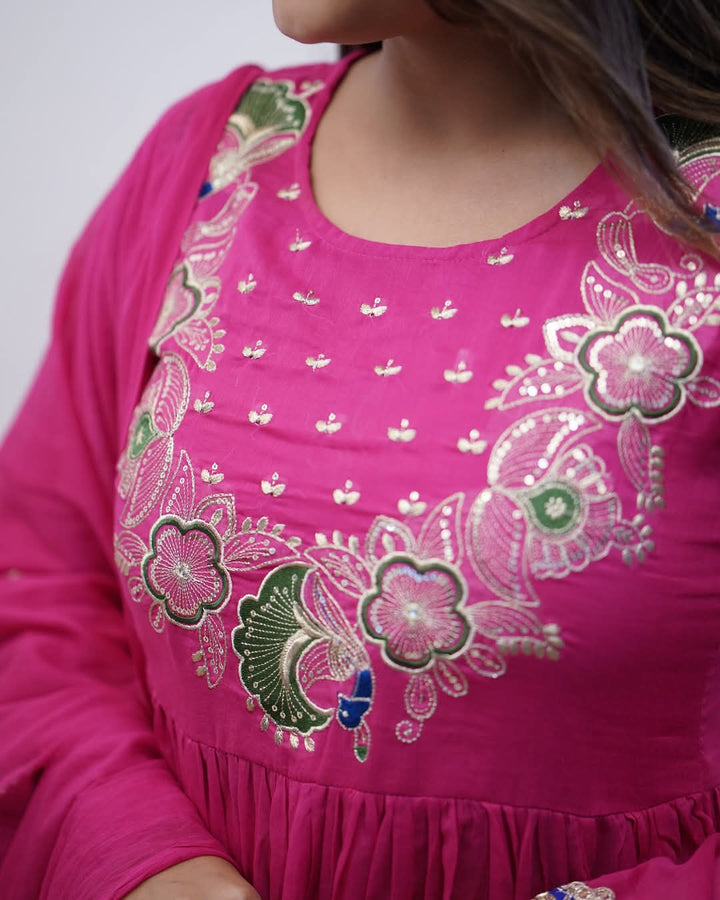 Pink Color BSY Chinon Embroidery Kurti with Pant And Dupatta Sets