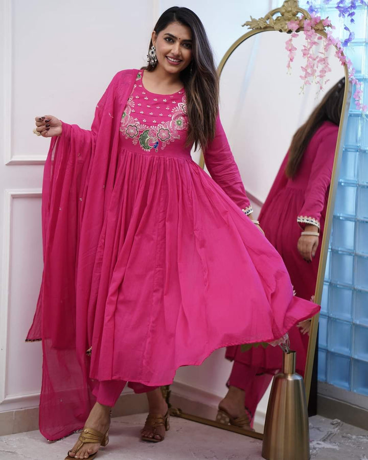 Pink Color BSY Chinon Embroidery Kurti with Pant And Dupatta Sets