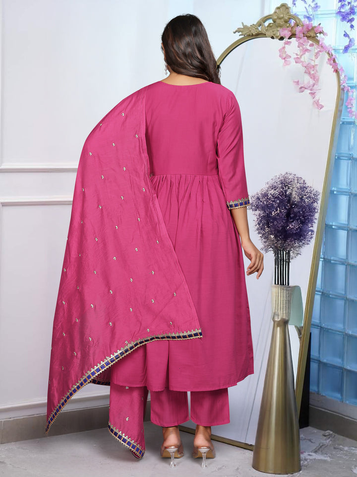 Pink Color BSY Chinon Embroidery Kurti with Pant And Dupatta Sets