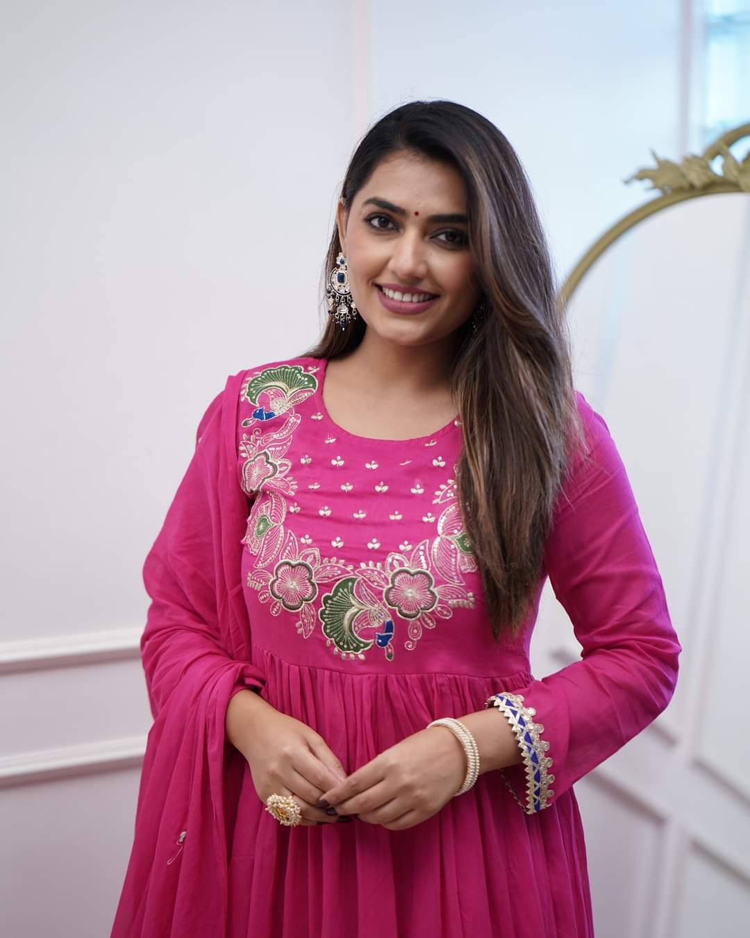 Pink Color BSY Chinon Embroidery Kurti with Pant And Dupatta Sets