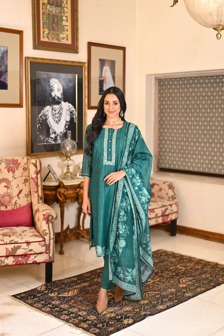 Teal Color Soft Rayon Slub Print And Embroidery Kurti with Pant And Dupatta Sets