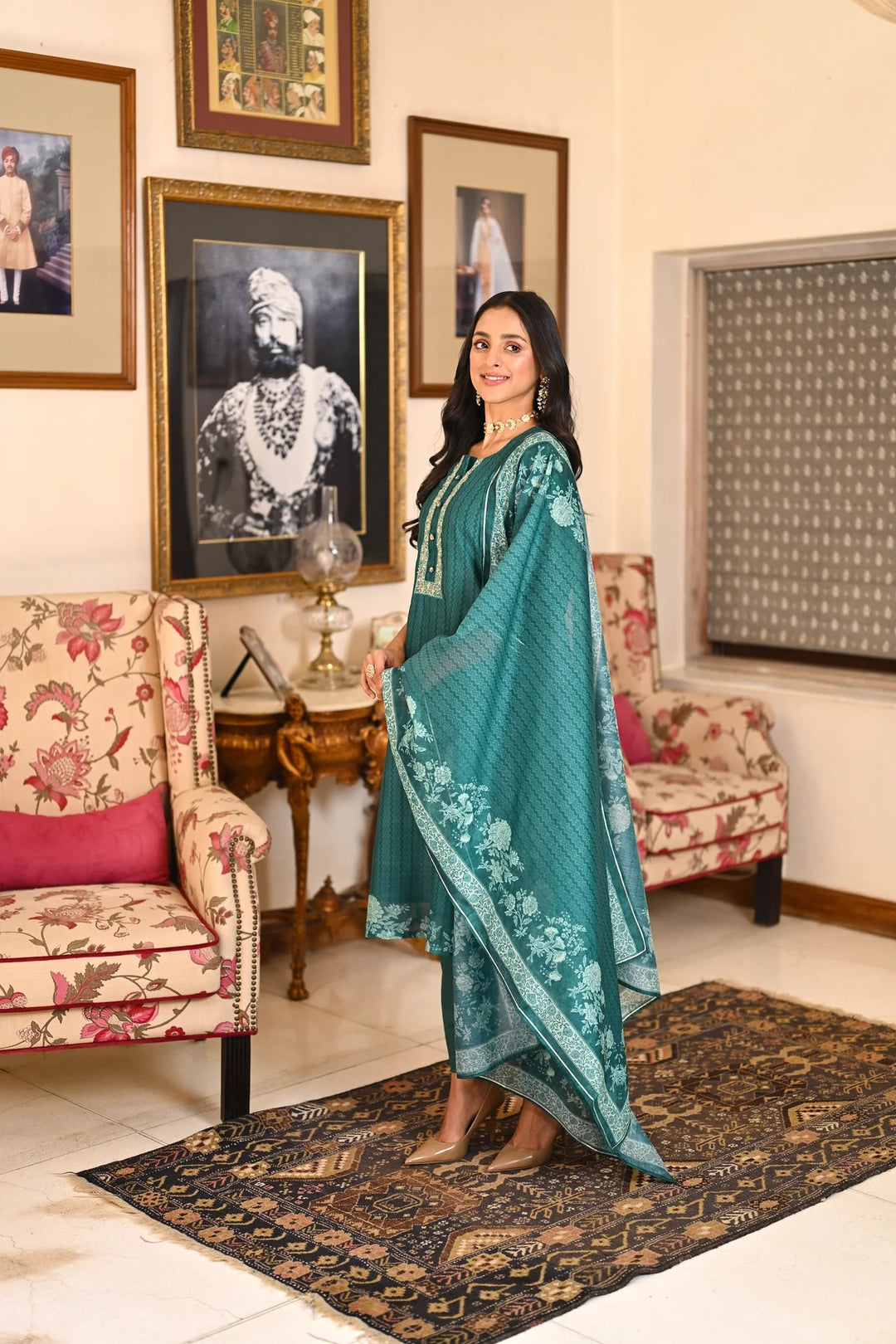 Teal Color Soft Rayon Slub Print And Embroidery Kurti with Pant And Dupatta Sets