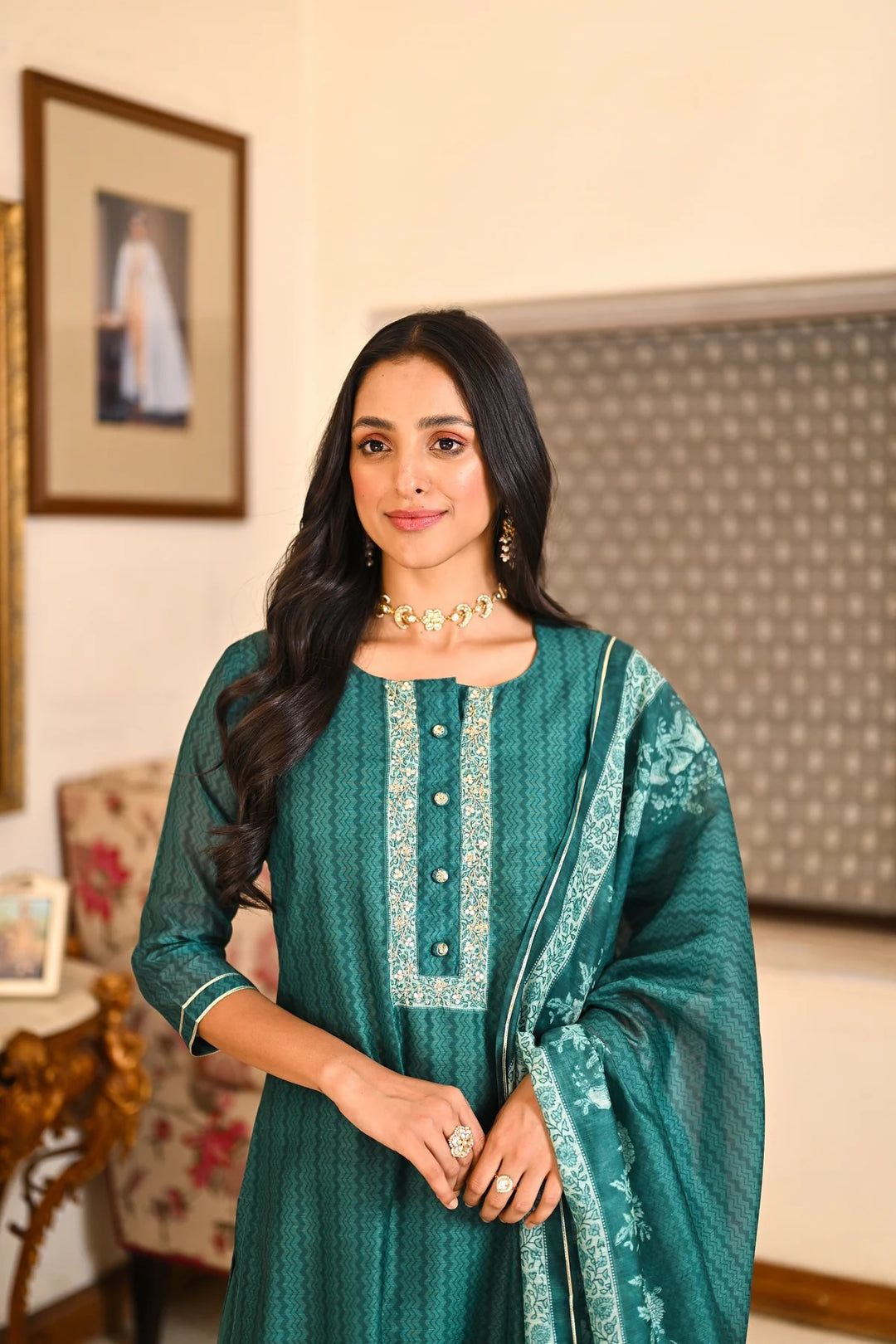 Teal Color Soft Rayon Slub Print And Embroidery Kurti with Pant And Dupatta Sets