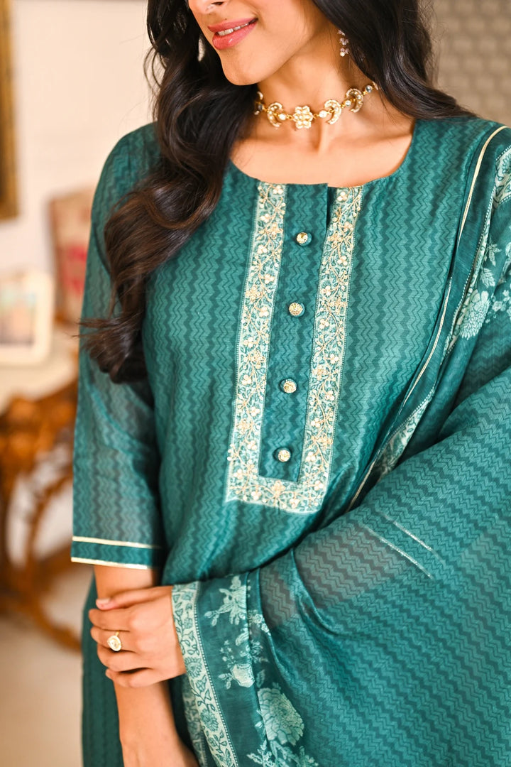 Teal Color Soft Rayon Slub Print And Embroidery Kurti with Pant And Dupatta Sets