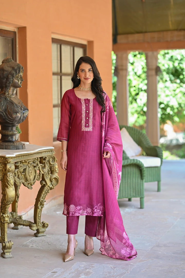 Pink Color Soft Rayon Slub Print And Embroidery Kurti with Pant And Dupatta Sets