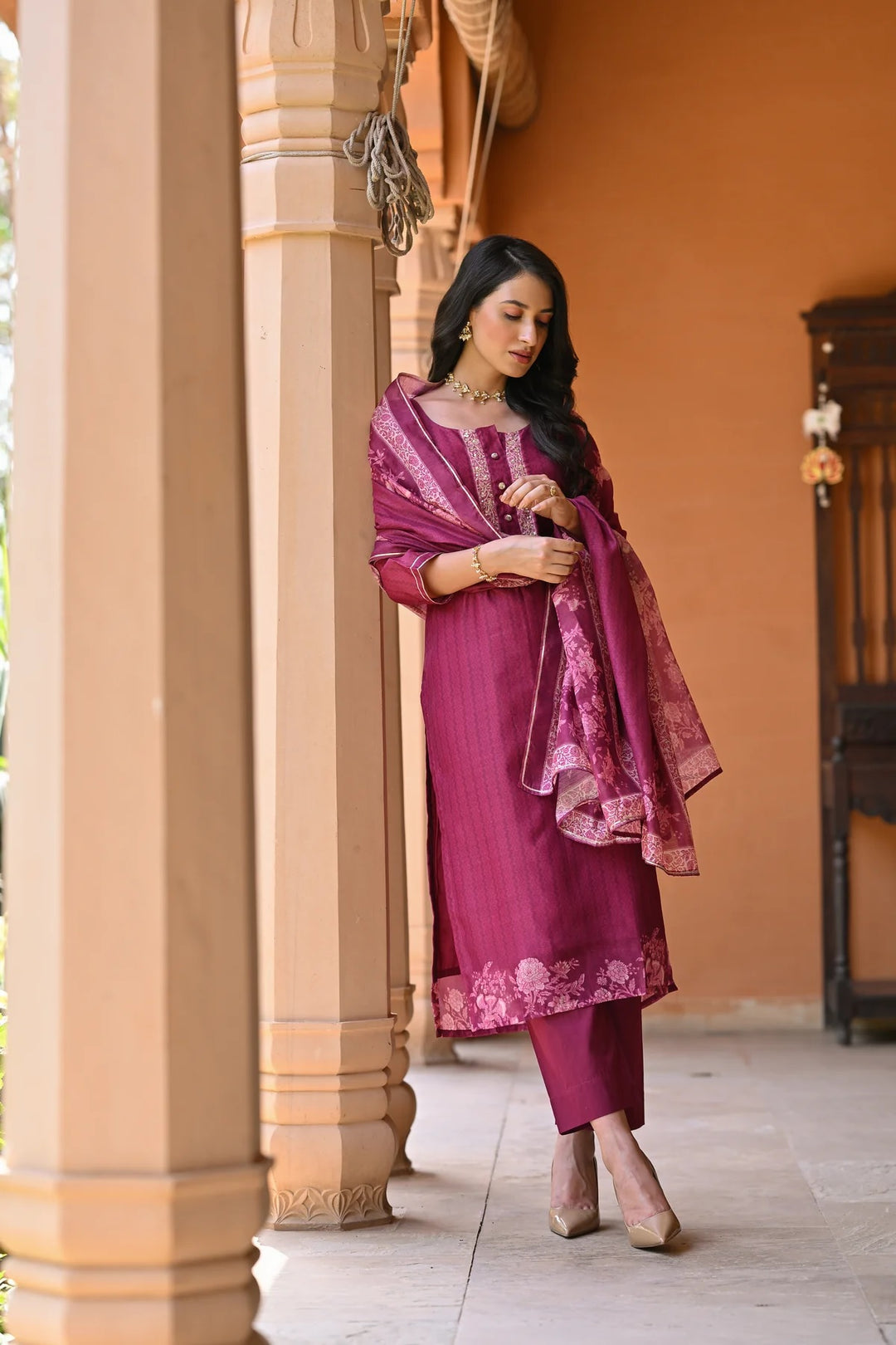 Pink Color Soft Rayon Slub Print And Embroidery Kurti with Pant And Dupatta Sets