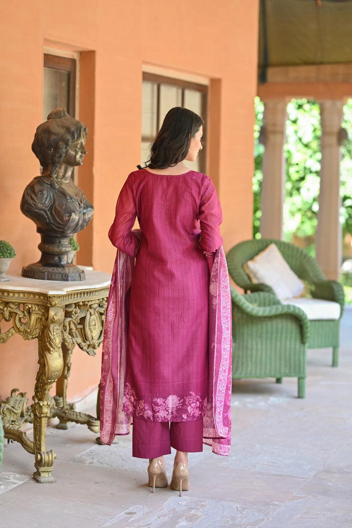 Pink Color Soft Rayon Slub Print And Embroidery Kurti with Pant And Dupatta Sets