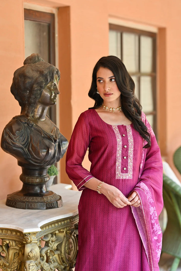 Pink Color Soft Rayon Slub Print And Embroidery Kurti with Pant And Dupatta Sets