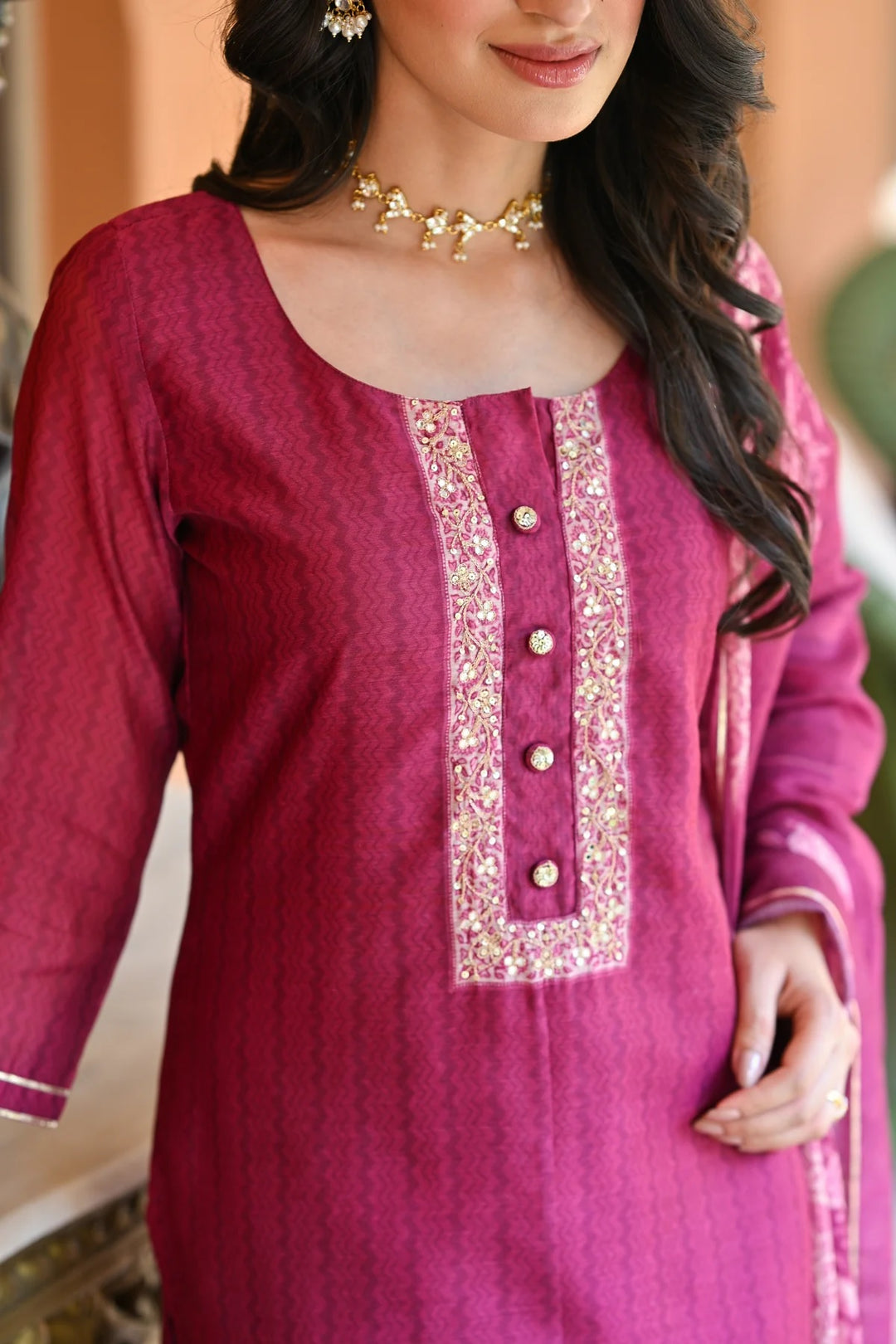 Pink Color Soft Rayon Slub Print And Embroidery Kurti with Pant And Dupatta Sets