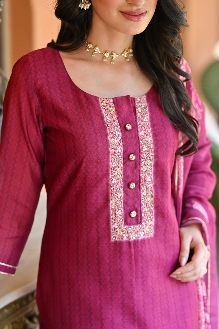 Pink Color Soft Rayon Slub Print And Embroidery Kurti with Pant And Dupatta Sets