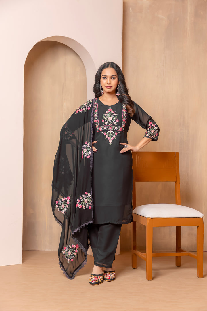 Black Color Heavy Faux Georgette Embroidery Kurta with Pant And Dupatta Sets