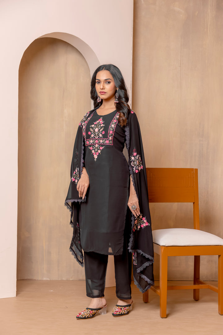 Black Color Heavy Faux Georgette Embroidery Kurta with Pant And Dupatta Sets