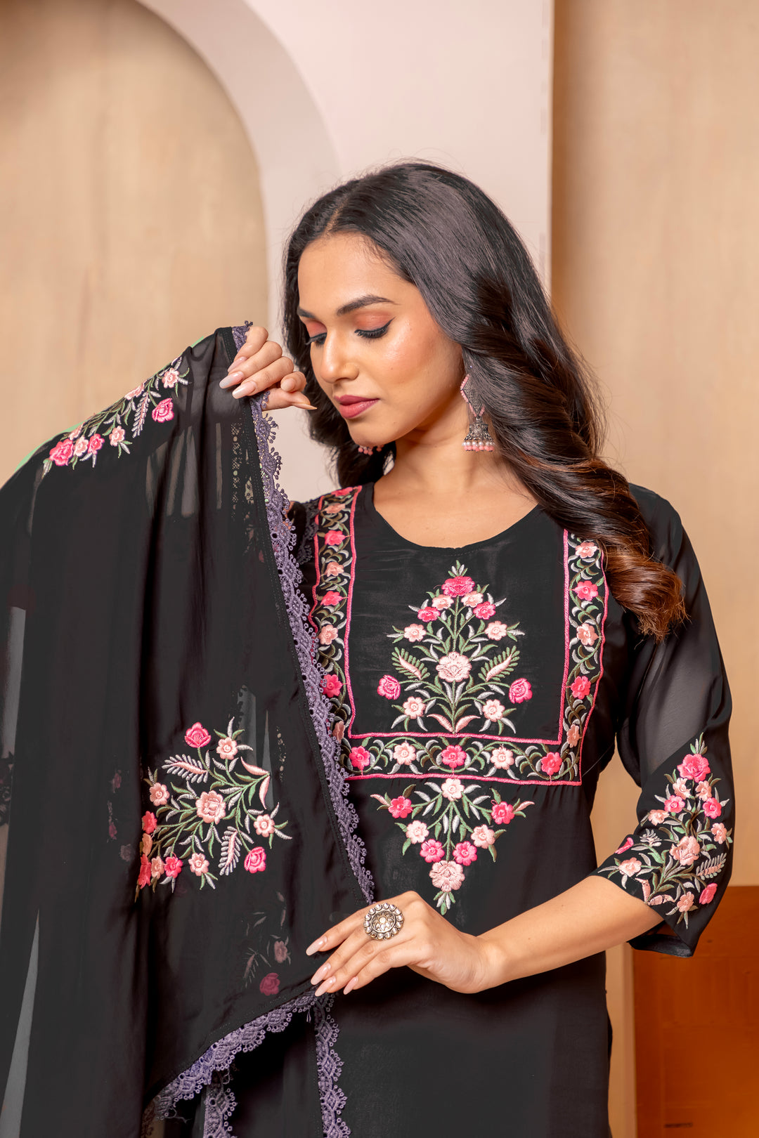 Black Color Heavy Faux Georgette Embroidery Kurta with Pant And Dupatta Sets