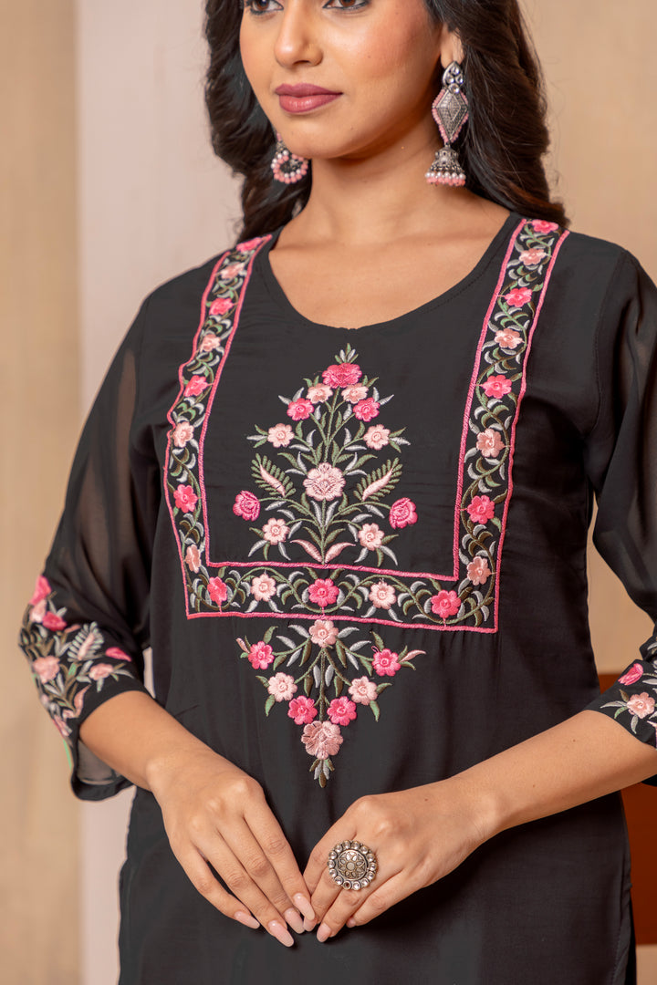 Black Color Heavy Faux Georgette Embroidery Kurta with Pant And Dupatta Sets