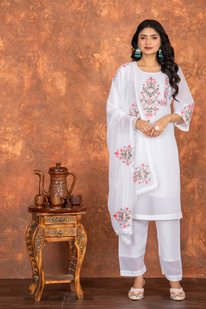 White Color Heavy Faux Georgette Embroidery Kurta with Pant And Dupatta Sets