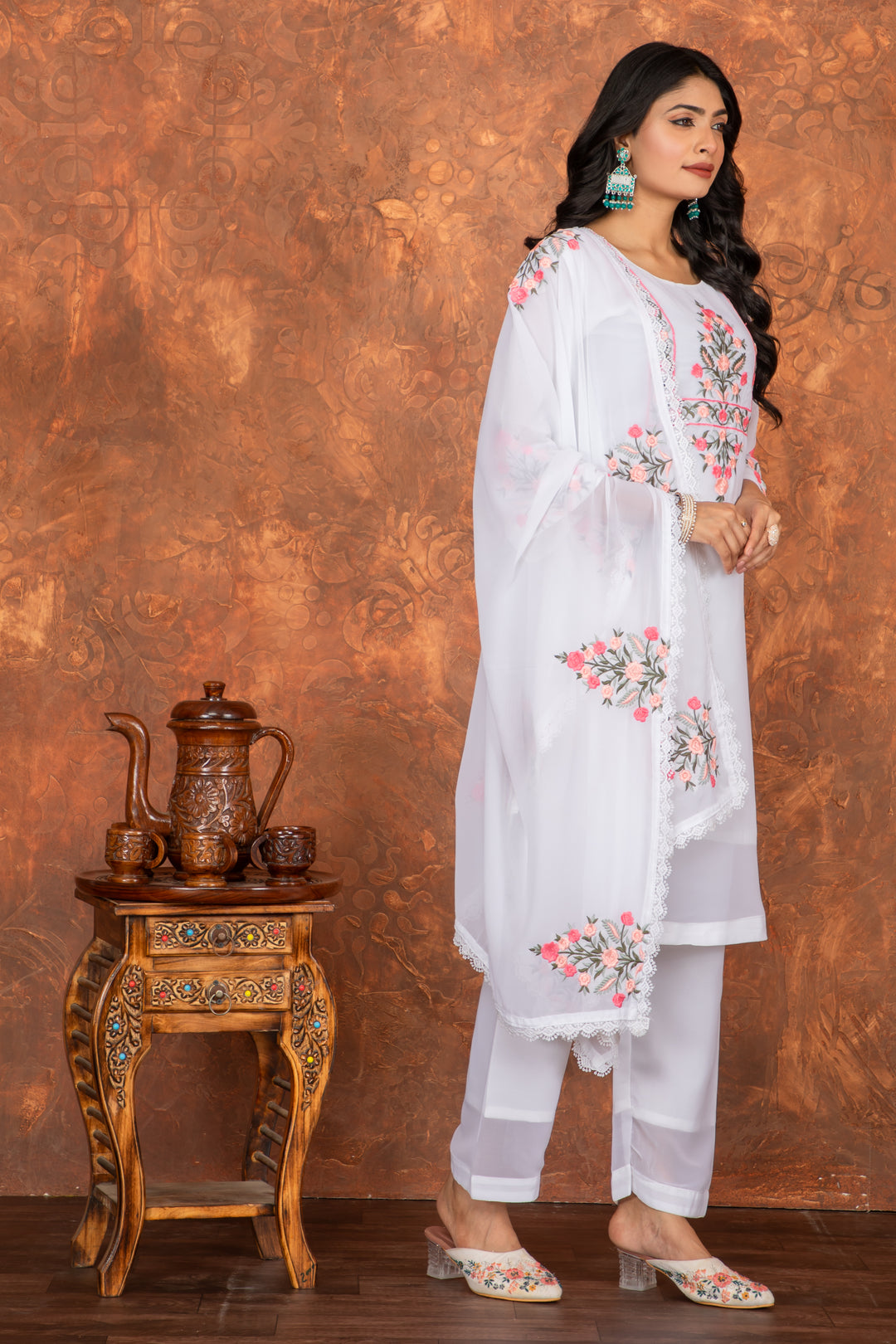 White Color Heavy Faux Georgette Embroidery Kurta with Pant And Dupatta Sets