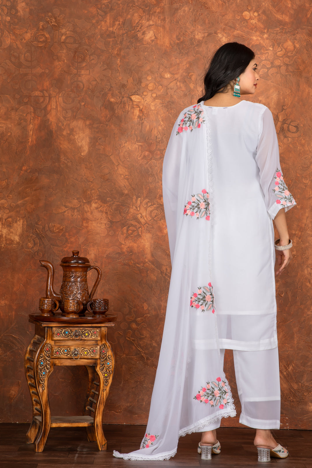White Color Heavy Faux Georgette Embroidery Kurta with Pant And Dupatta Sets