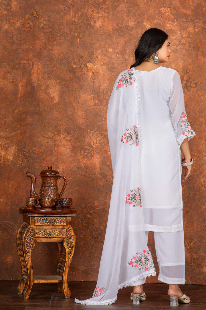 White Color Heavy Faux Georgette Embroidery Kurta with Pant And Dupatta Sets