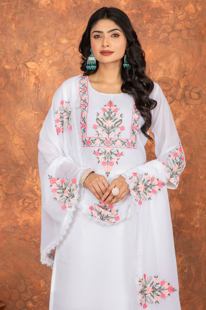 White Color Heavy Faux Georgette Embroidery Kurta with Pant And Dupatta Sets