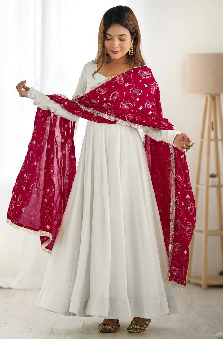 Indian Partywear White Georgette Anarkali Gown With Heavy Embroidery Sequence Work And Dupatta For Women, Designer Gown,Traditional Dress