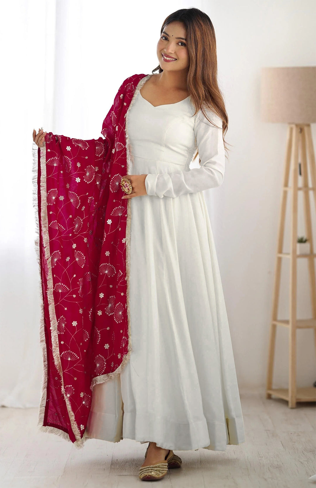 Indian Partywear White Georgette Anarkali Gown With Heavy Embroidery Sequence Work And Dupatta For Women, Designer Gown,Traditional Dress
