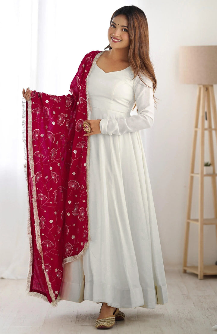 Indian Partywear White Georgette Anarkali Gown With Heavy Embroidery Sequence Work And Dupatta For Women, Designer Gown,Traditional Dress