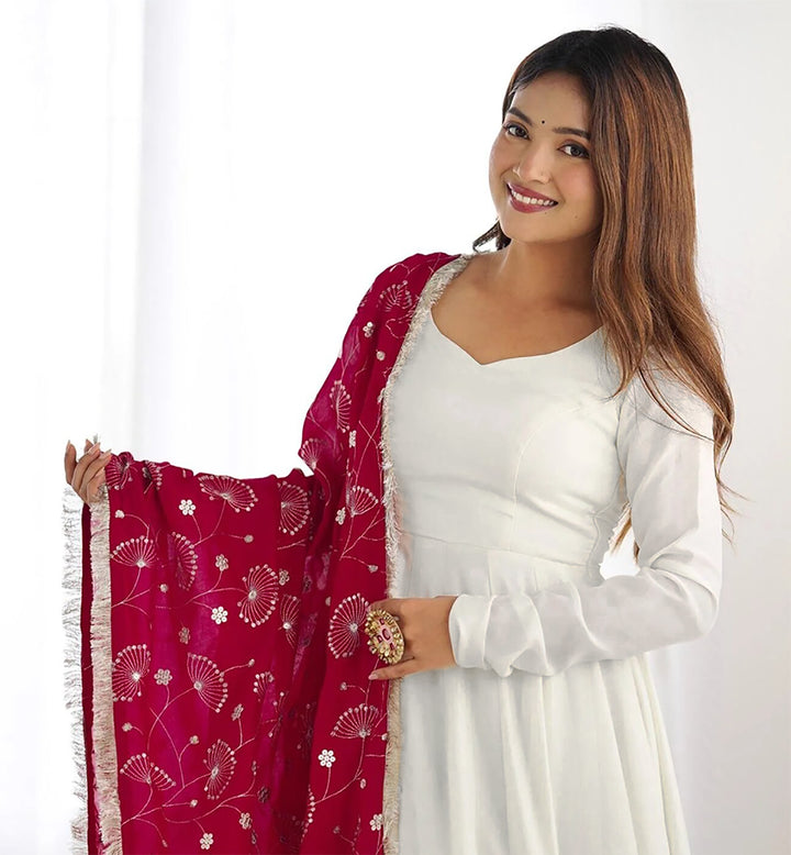 Indian Partywear White Georgette Anarkali Gown With Heavy Embroidery Sequence Work And Dupatta For Women, Designer Gown,Traditional Dress