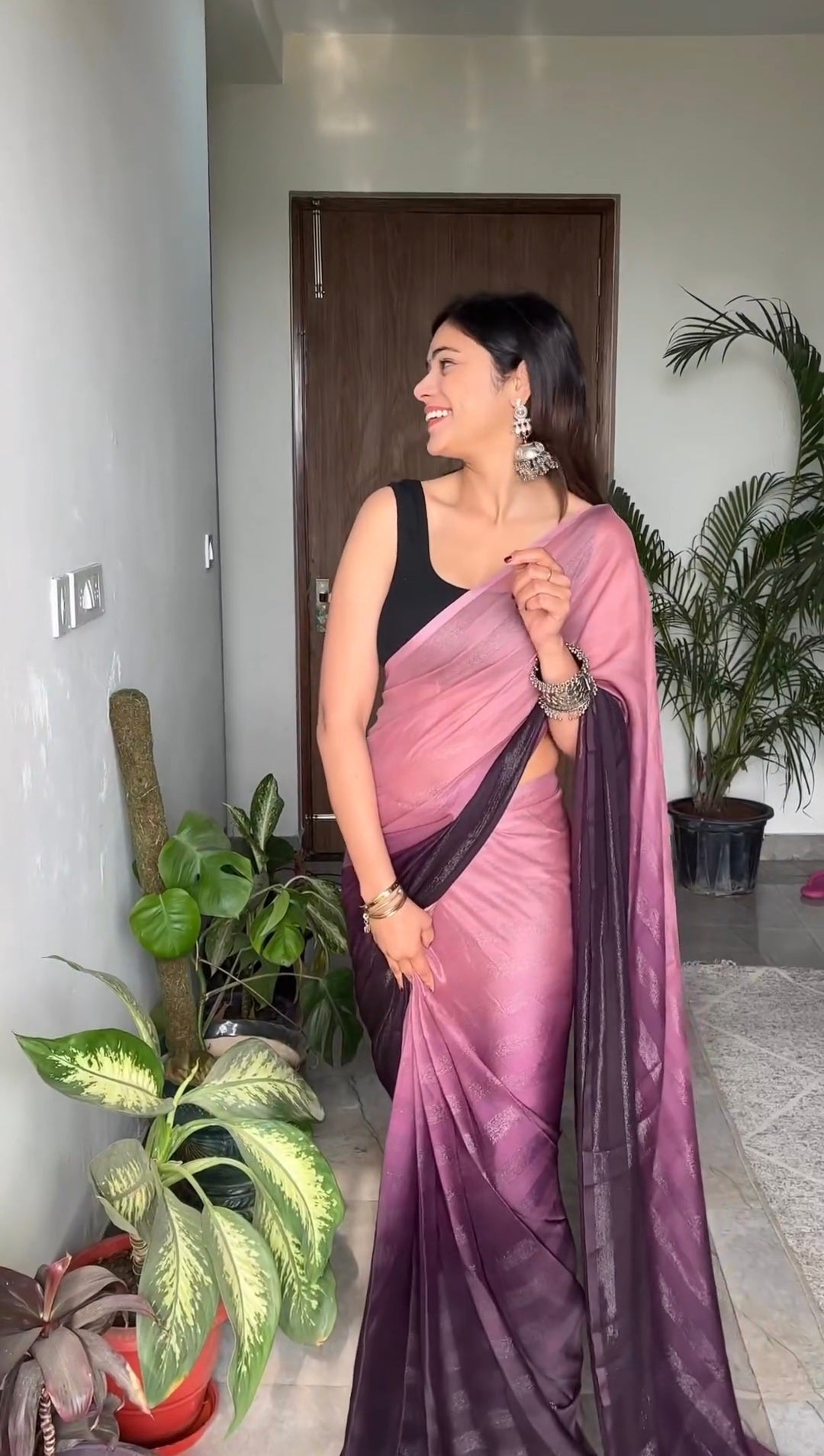 Pink-Dark Purple Color Naylon Saree On Padding Print With Beautiful Blouse