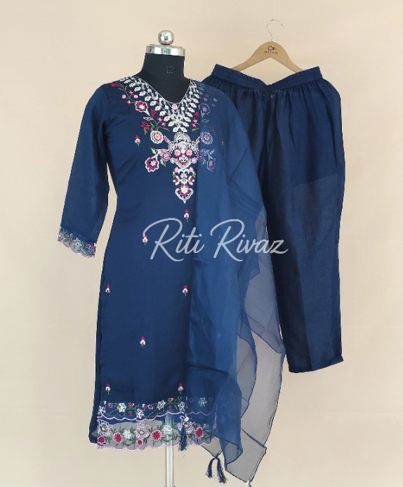 Pakistani Blue Color Vichitra Silk Fabric Embroidered Top, Bottom, Dupatta Ready to wear Festive Wear Salwar Suit For Women, Traditional