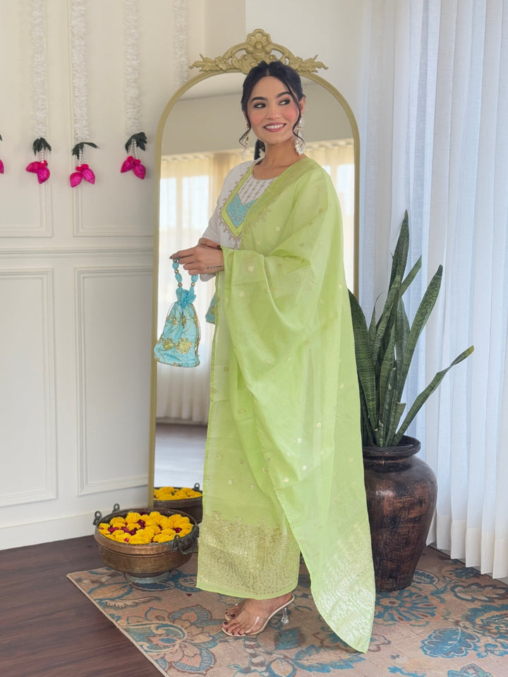 White Color Viscose Chanderi with Embroidered Kurta with Pant And Dupatta Sets