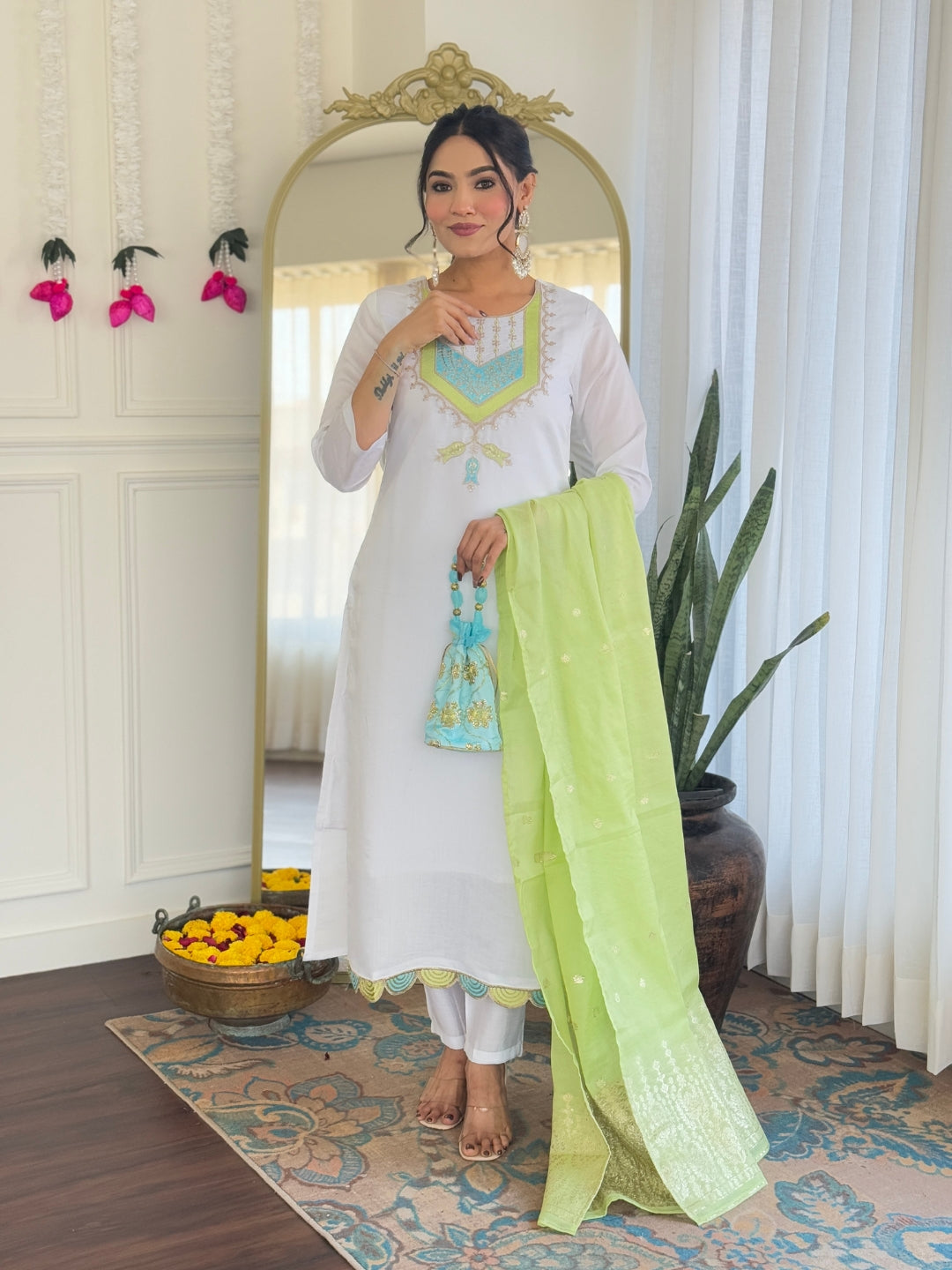 White Color Viscose Chanderi with Embroidered Kurta with Pant And Dupatta Sets
