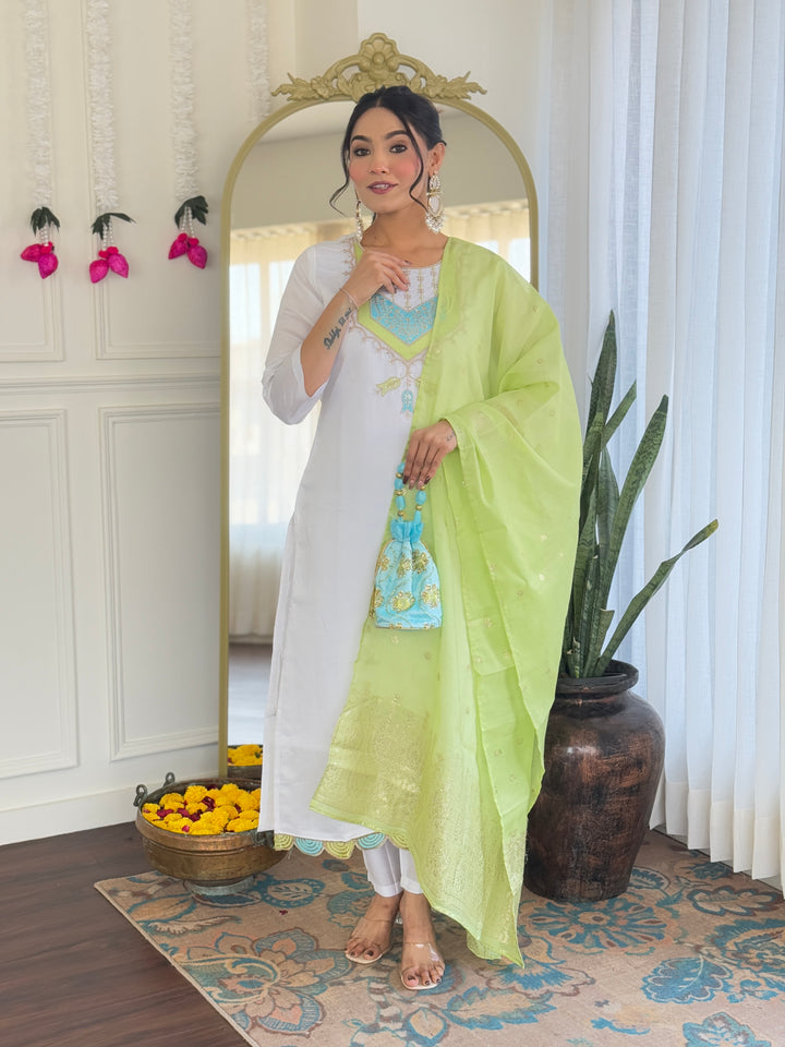 White Color Viscose Chanderi with Embroidered Kurta with Pant And Dupatta Sets